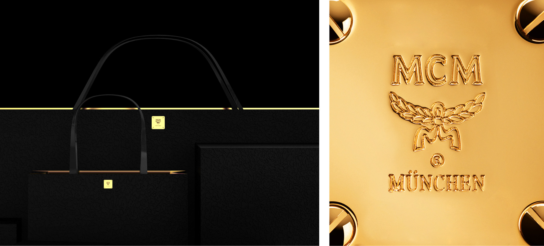 MCM Packaging Detail and Logo, Polished Gold Hardware